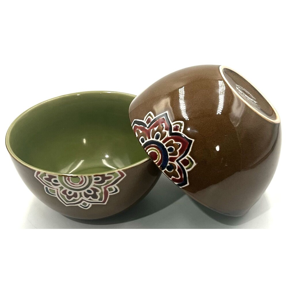 Set of 2 Pier 1 Global Medallion Soup Cereal Bowls 5.5" Brown Stoneware Boho